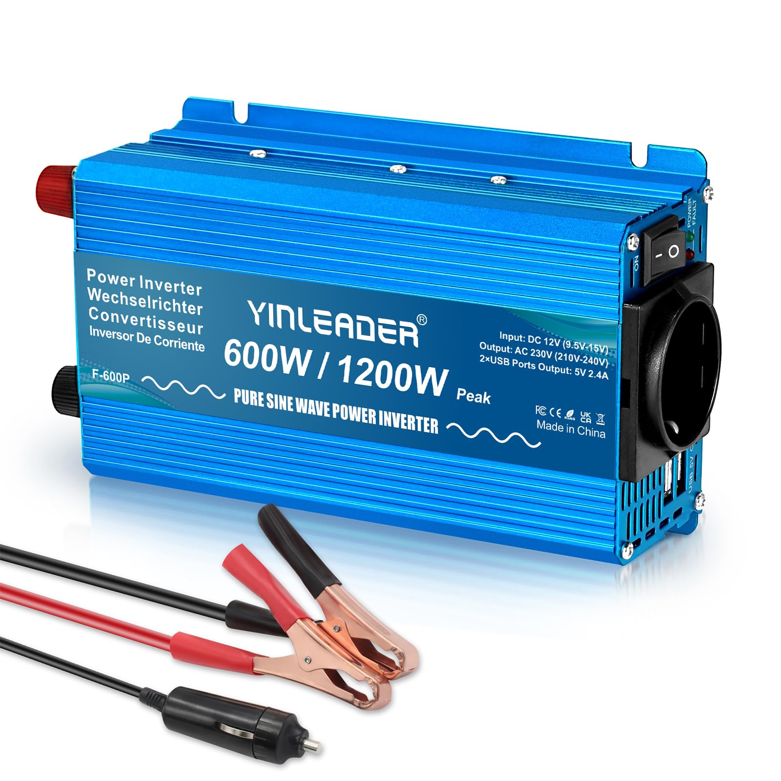 Yinleader 600W /1200W 12V auf 230V Reiner Sinus Wechselrichter KFZ Spannungswandler mit 1 EU-Steckdose & 2 USB, Inverter für Laptop, Kühlbox, Camping & PKW