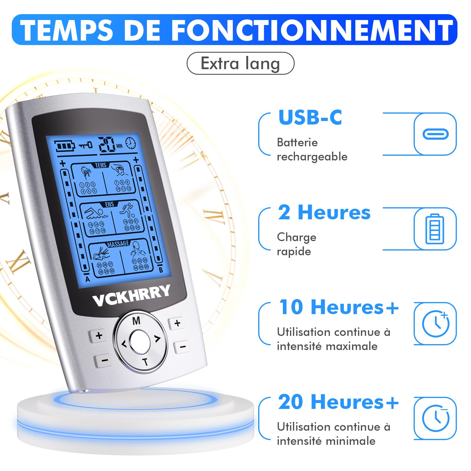 3 EN 1 TENS EMS Électrostimulateur Musculaire pour le soulagement de la douleur, la stimulation musculaire, avec 2 Canaux Indépendant, 36 Programmes de Massage, 10 électrodes
