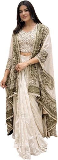 Fashion Since Women's And Girls Indowestern three piece set with embroidery Chinon Silk Fabric Dhoti Blouse Shrug Traditio...