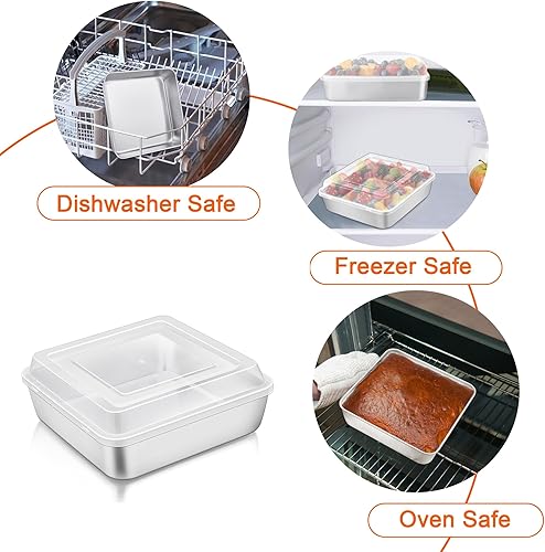Miniatura 6 de TeamFar Molde cuadrado para tartas, mini molde cuadrado de acero inoxidable de 6 pulgadas para brownie de lasaña con tapa para hornear, no tóxico y