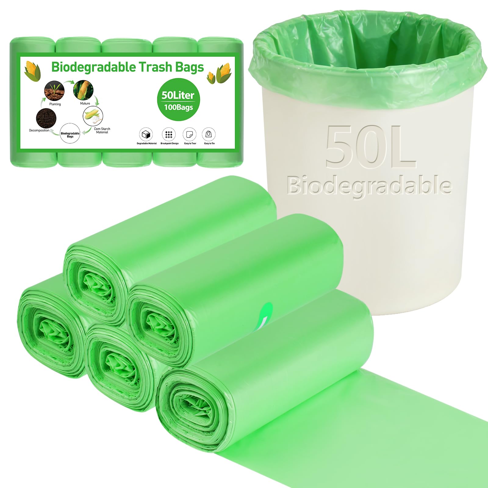 Biodegradable Bin Bags Liner 50L, 100PCS Food Waste Bags Trash Bag Large, 13 Gallon Compostable Caddy Liner(60 x 80cm)
