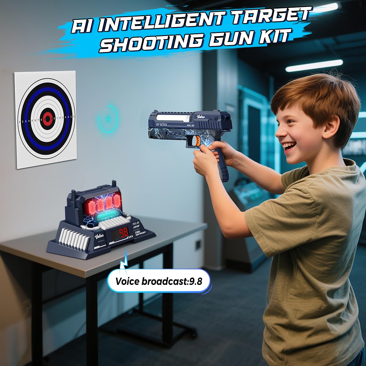 VATOS Juego de dianas inteligentes con pistola láser recargable, puntuación automática, 4 modos de disparo