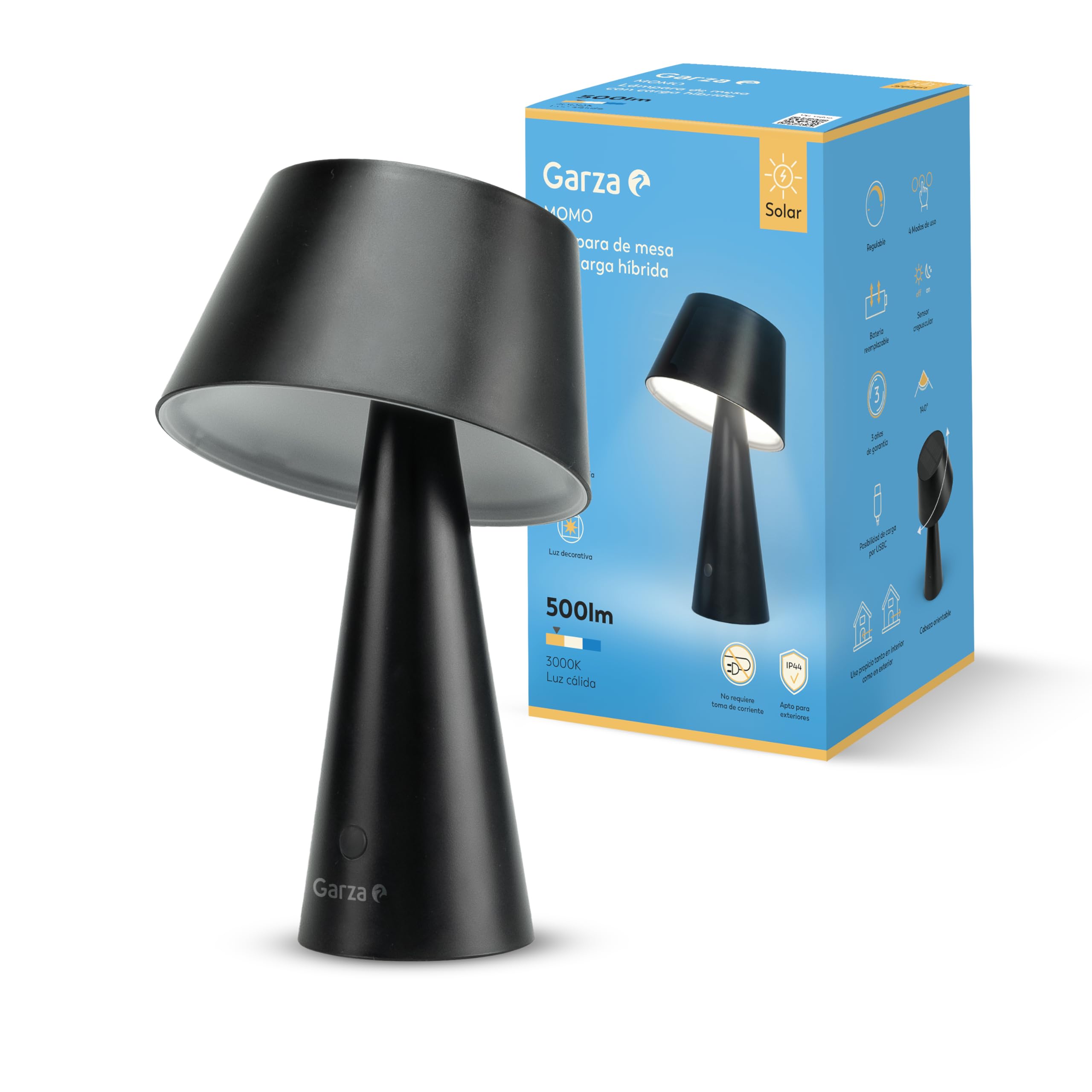 Garza Lampa solarna LED, 500 lm, ciepłe światło 3000 K, podwójne ładowanie (Solar i USB-C), 26 godzin autonomii, 4 tryby oświetlenia, IP44, odporna na działanie na zewnątrz i wewnątrz