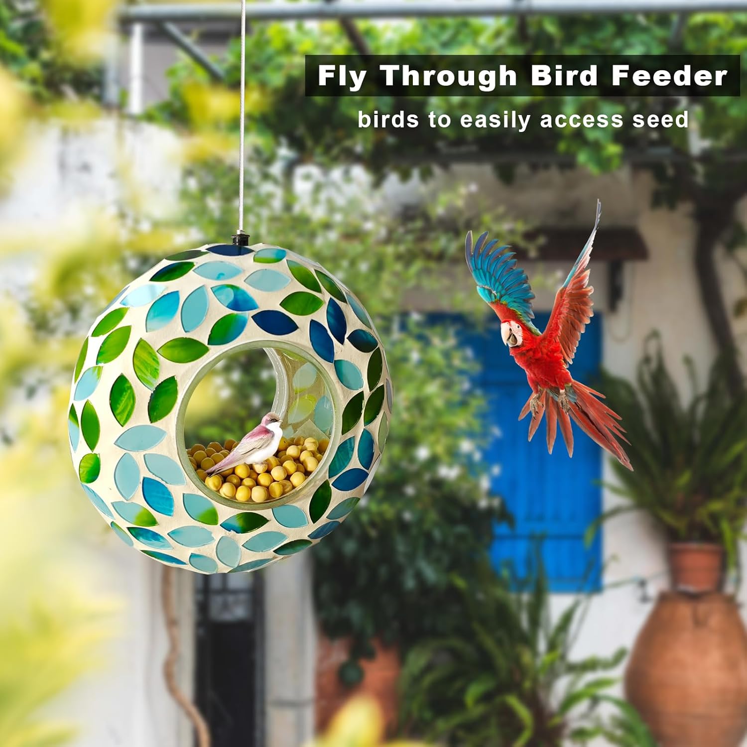 Bird Feeder Mosaic Fly Through Bird Feeder for Outside Hanging with Round Shape Glass Feeders to Attract Wild Birds for Garden, Deck, Yard, Backyard and Porch Decor, 6.8-Inch