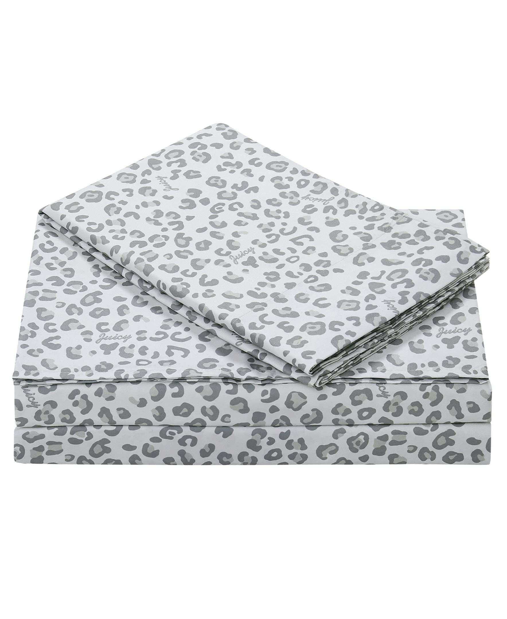 Juicy Couture – Microfiber Sheet Set | Silver Leopard Queen Size Bed Sheets | 4 Piece Set Includes Fitted Sheet, Flat Sheet and 2 Pillowcases | Deep Pockets, Wrinkle Resistant and Anti Pilling