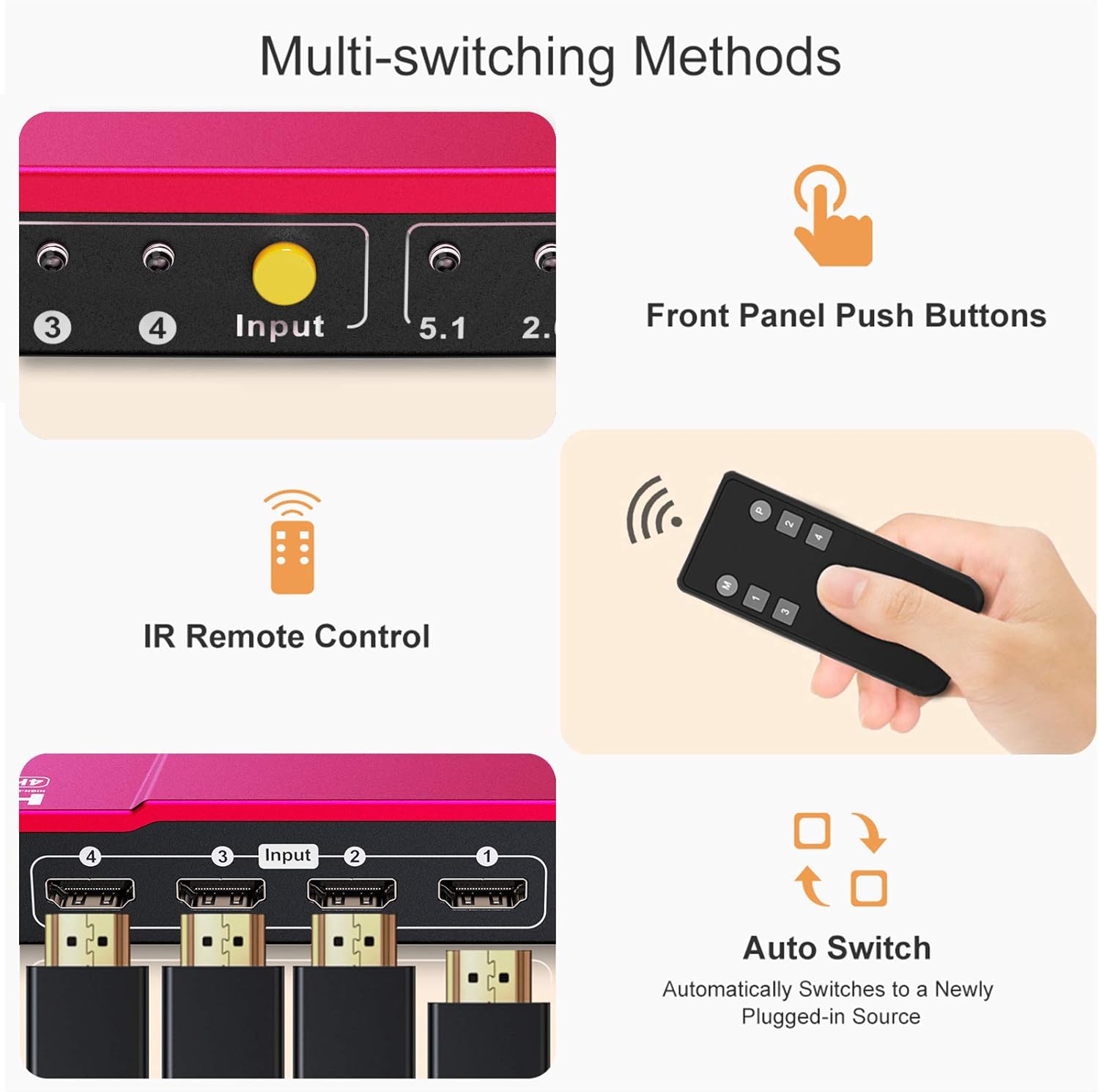 One-Day Sale: Up to 50% Off TESmart Ultra HD 4x1 HDMI 4K@60Hz 4:4:4 The Fast Switch 4Kx2K 4 Port HDMI Switch Box Selector 4x1 with S/PDIF and L/R Audio Output, IR Wireless Remote Control, HDMI Switch 4 in 1 Out (Red)