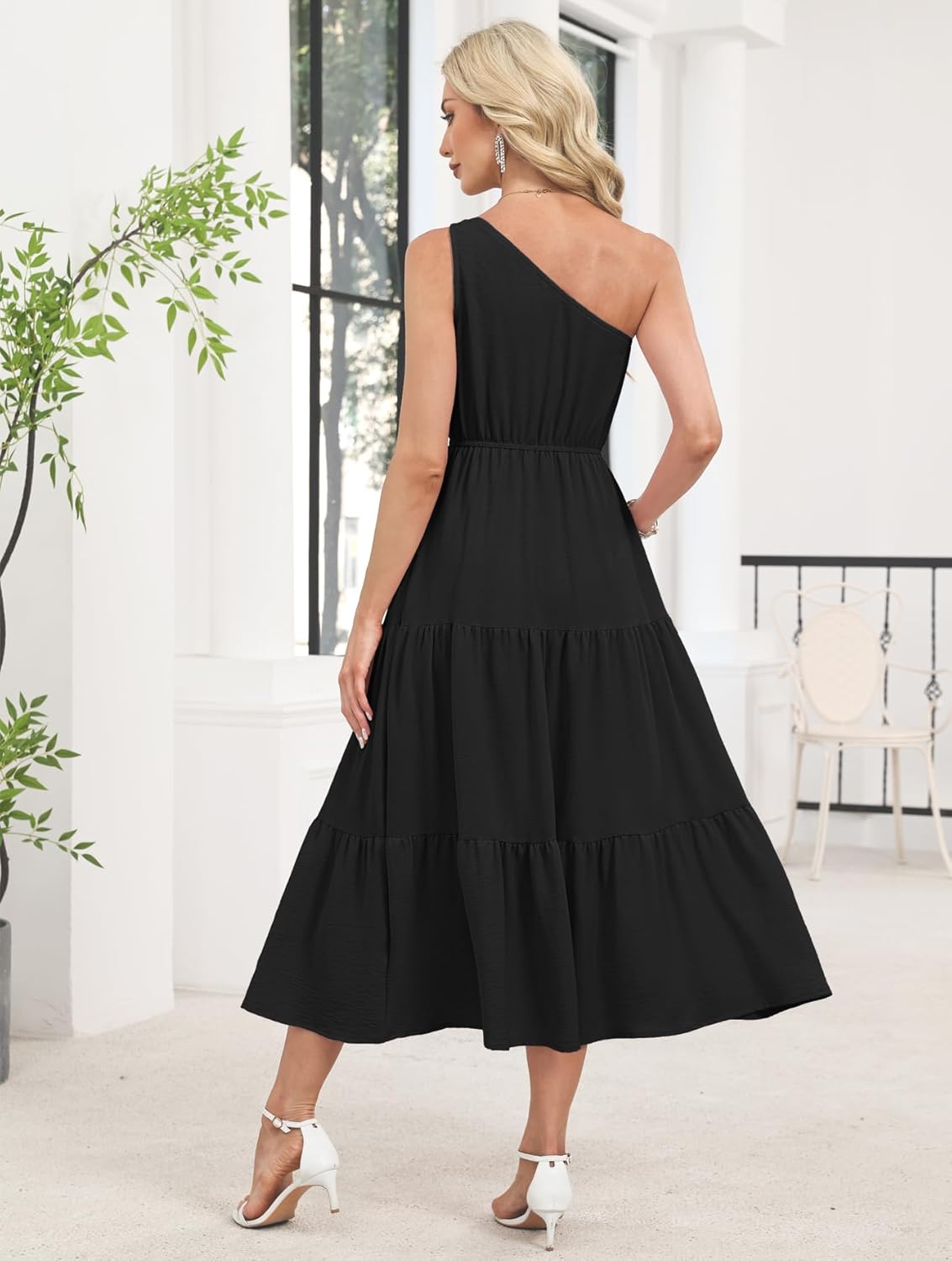 Kikibell Women's Summer One Shoulder Midi Dress Sleeveless Shirred Ruched Flowy Wedding Guest Long Sun Dresses - Image 7