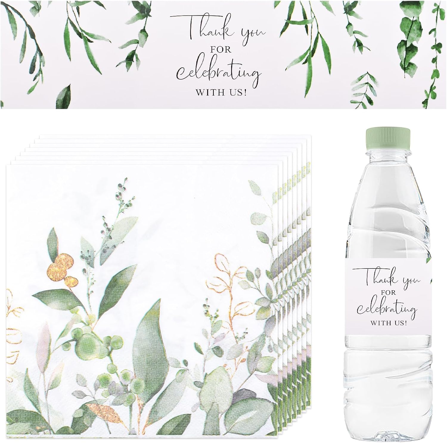 50pcs Forest Wedding Water Bottle Labels Napkins Set, Waterproof Thank You Bottle Stickers for Wedding Party Decoration Baby Birthday Bridal