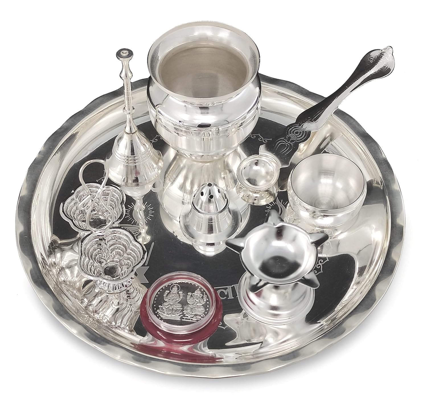 Puja Thali de plata de lujo con estuche rojo para celebraciones Aarti