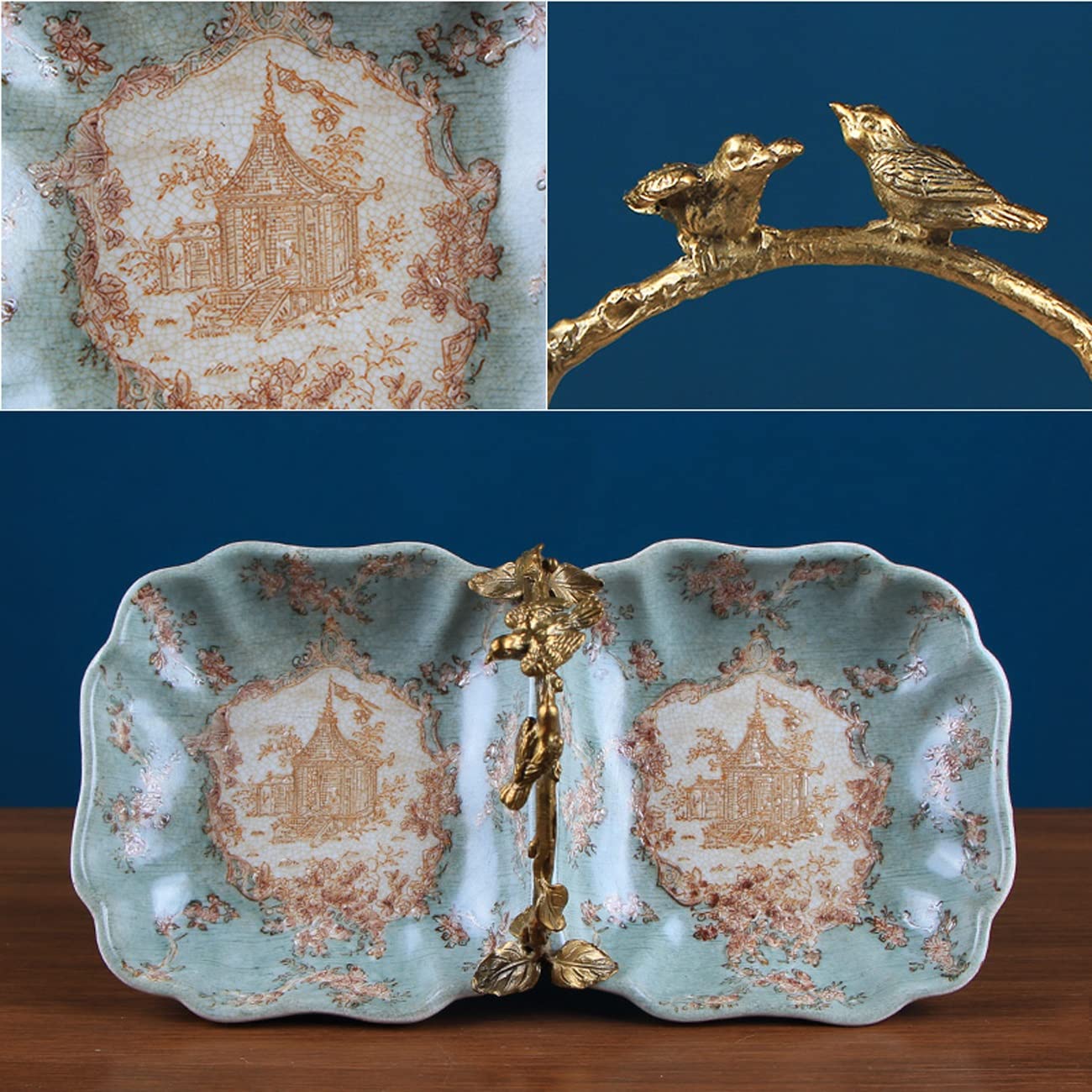 ceramiczna miska na owoce, Przenośny kosz na owoce, suszone przekąski z 2 siatkami, talerz orzechami cukierkowymi mosiężnym cokołem, ręcznie malowany, taca dekoracyjna stolik kawowy(Lime)