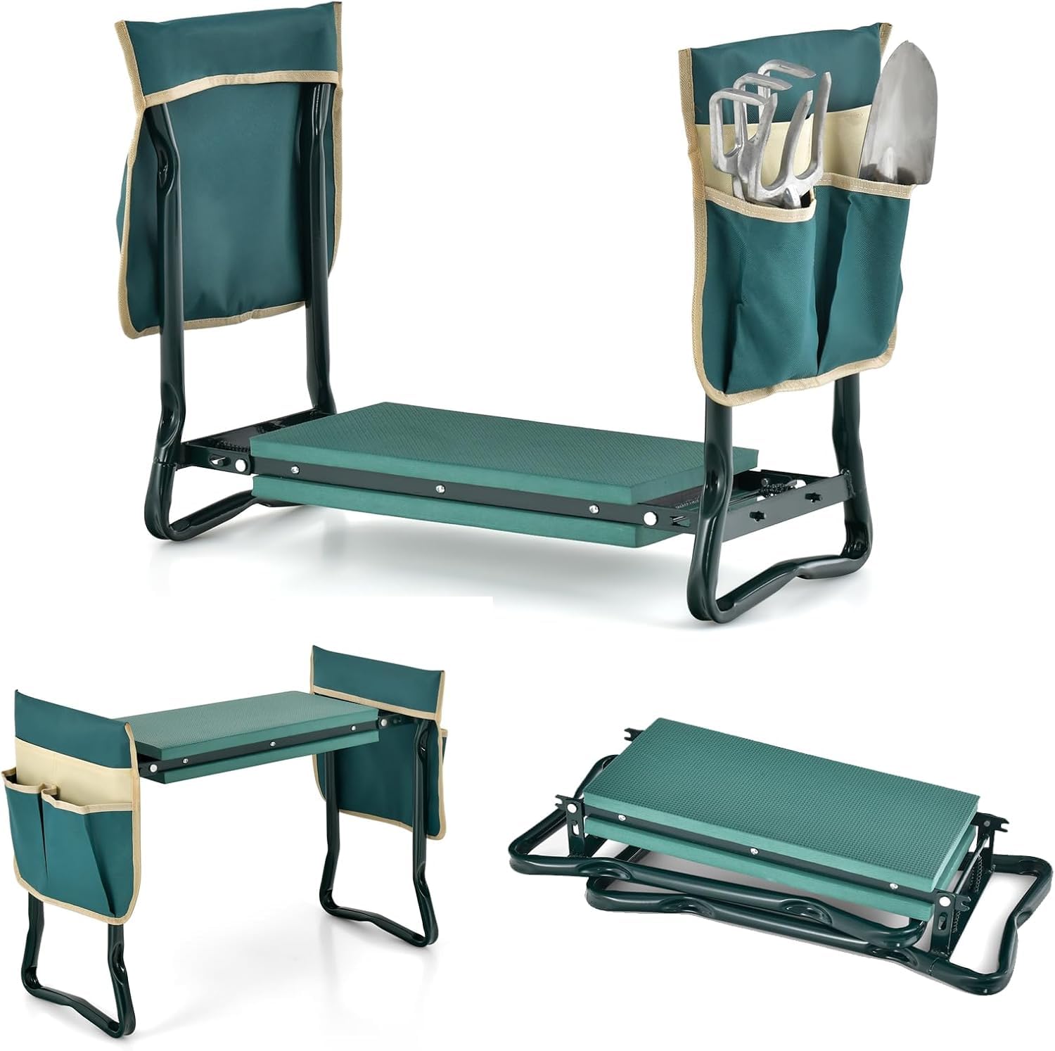 FANTASK Taburete Plegable 2 en 1 para jardinería, Taburete de jardín con 2 Bolsillos para Herramientas, Taburete de Trabajo de jardín con Acolchado Eve para Rodilleras, soporta hasta 150 kg