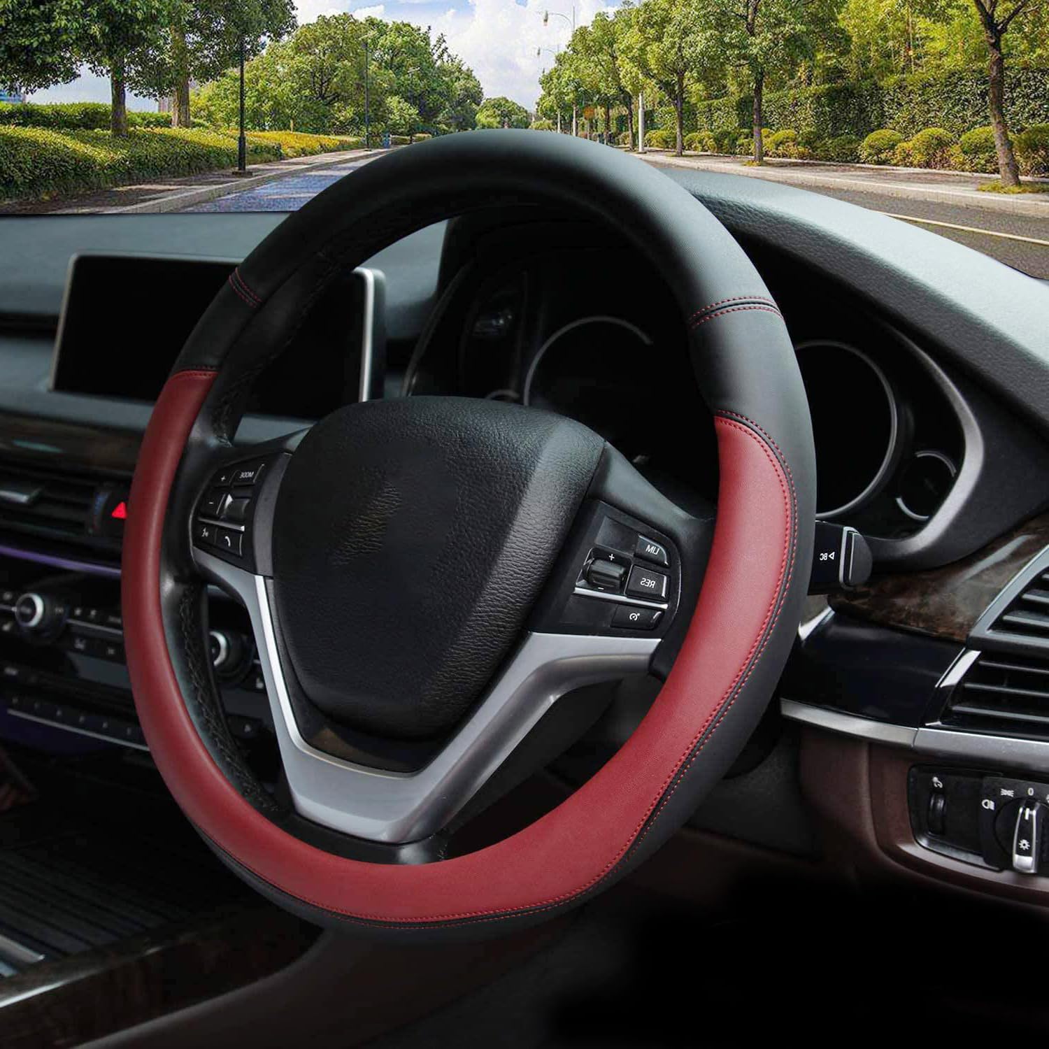 QUEENADA Microfiber Leather Black Steering Wheel Protector - Flat Bottom Steering Wheel Cover Black Microfiber Leather with Anti-Slip Lining(red)