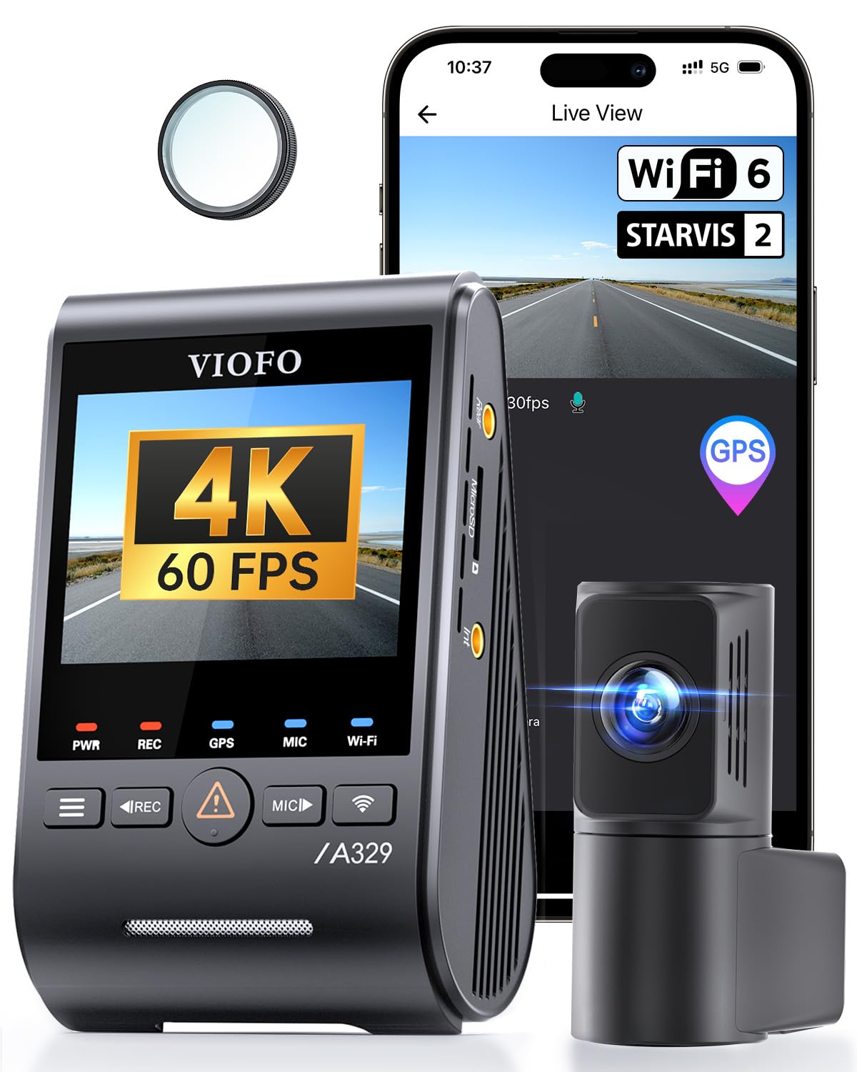 VIOFO A329S 2CH 4K 60FPS Dashcam anteriore e posteriore, Dashcam auto Dual 4K + 2K, Modalità di parcheggio a risparmio energetico aggiornata, Wi-Fi 6 e controllo tramite app, doppia fotocamera auto