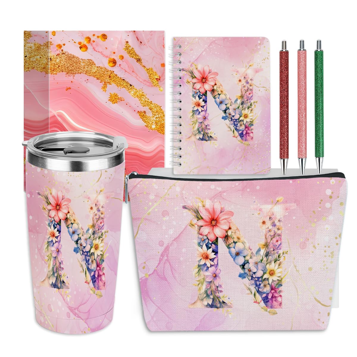 Personalized Gifts Monogrammed Birthday Gifts for Women, Colleague, Female Farewell Christmas, Initial 20 oz Tumbler, Makeup Cosmetic Bag Cup Pens Journal Notebook 6 Set, (Aesthetic Pink Flower N)
