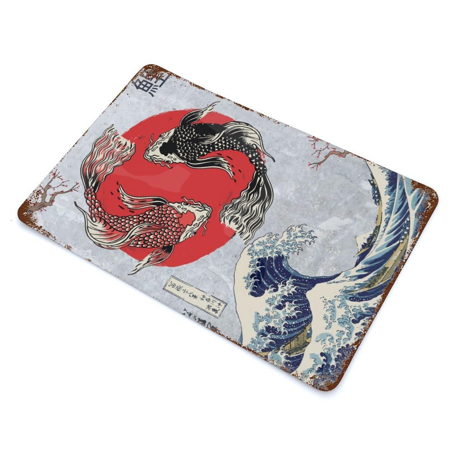Garage Style Koi Fish Ying Yang Rustic Tin Plaque 11.8"x7.9", Classic Wall Plaque for Bar And Workshop