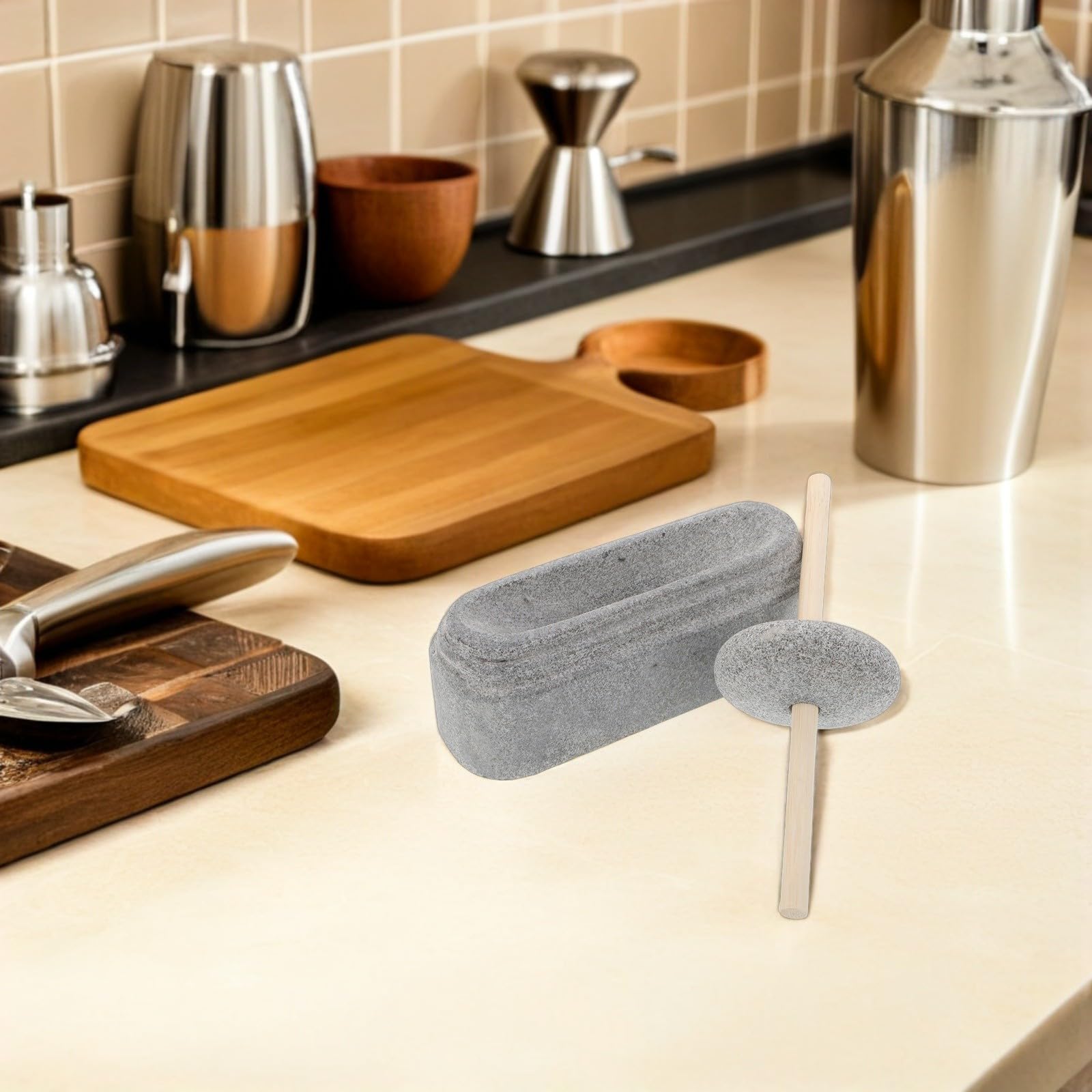 Mortero y Mano de Mortero de Piedra y Madera, Molinillo de Piedra para Especias y Medicina Tradicional China, Diseño Estable y Fácil de Limpiar, para Cocina y Hogar