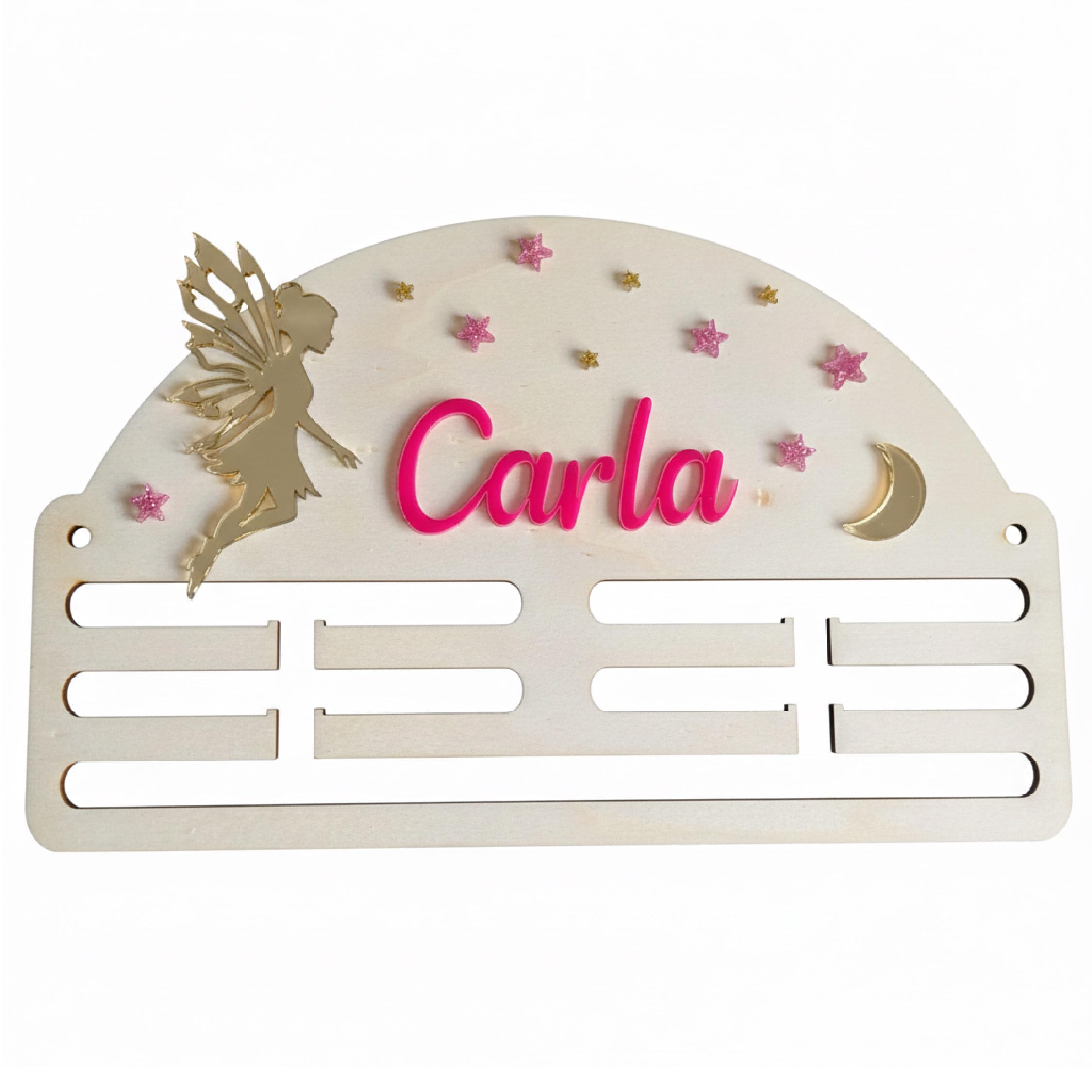 Genérico Ideas CAÓTICAS | Medallero Niña Personalizado con Nombre. De Madera. El Hada, la Luna, el Nombre y Las Estrellas Hechos en acrílico de Color a Elegir. Fabricado en España.