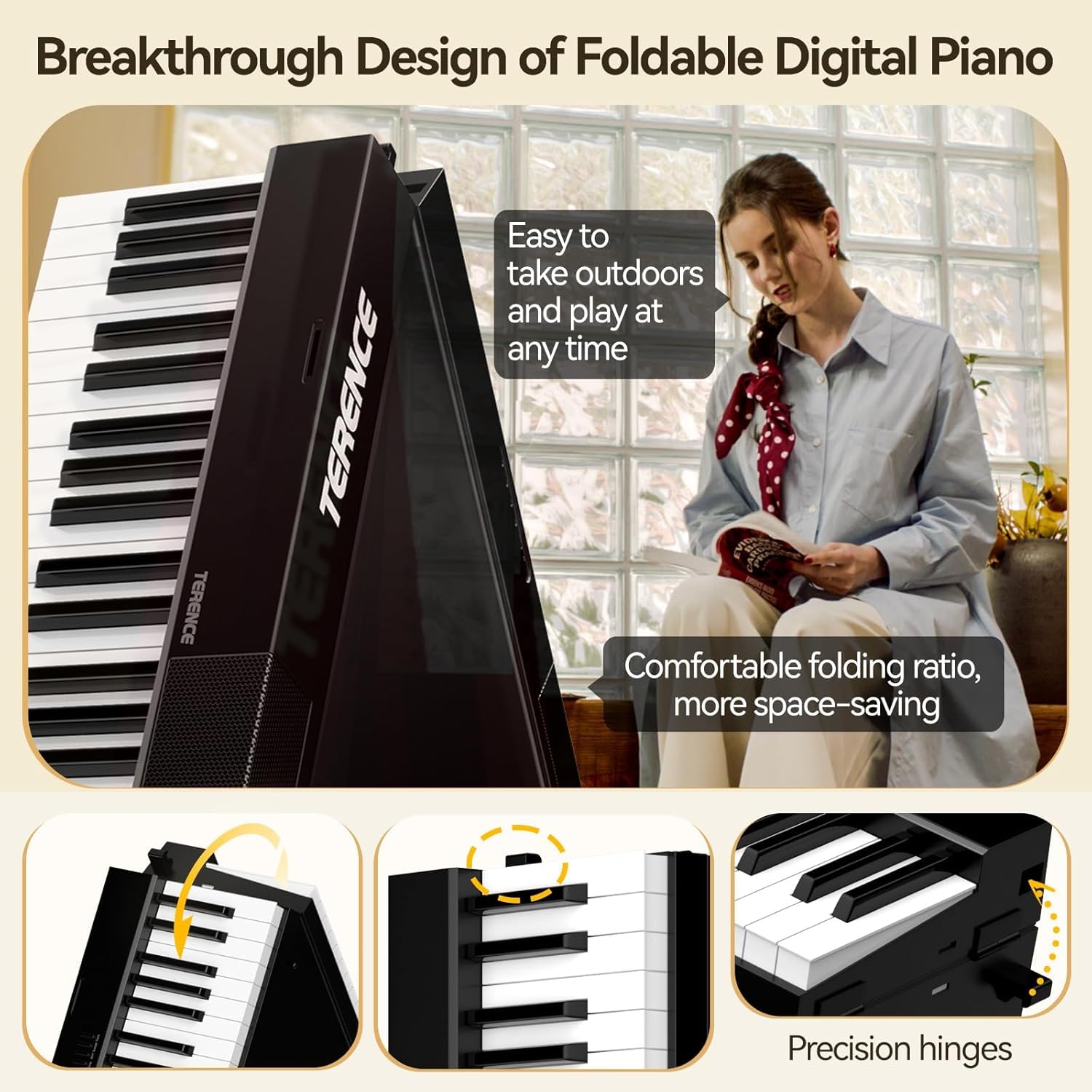 TERENCE Pieghevole Pianoforte Digitale 88 Tasti semi-pesati con batteria da 1800 mAh Altoparlanti 2x5W Bluetooth interfaccia MIDI supporto per spartiti Borsa adesiva Cavo audio con Pedale di sostegno