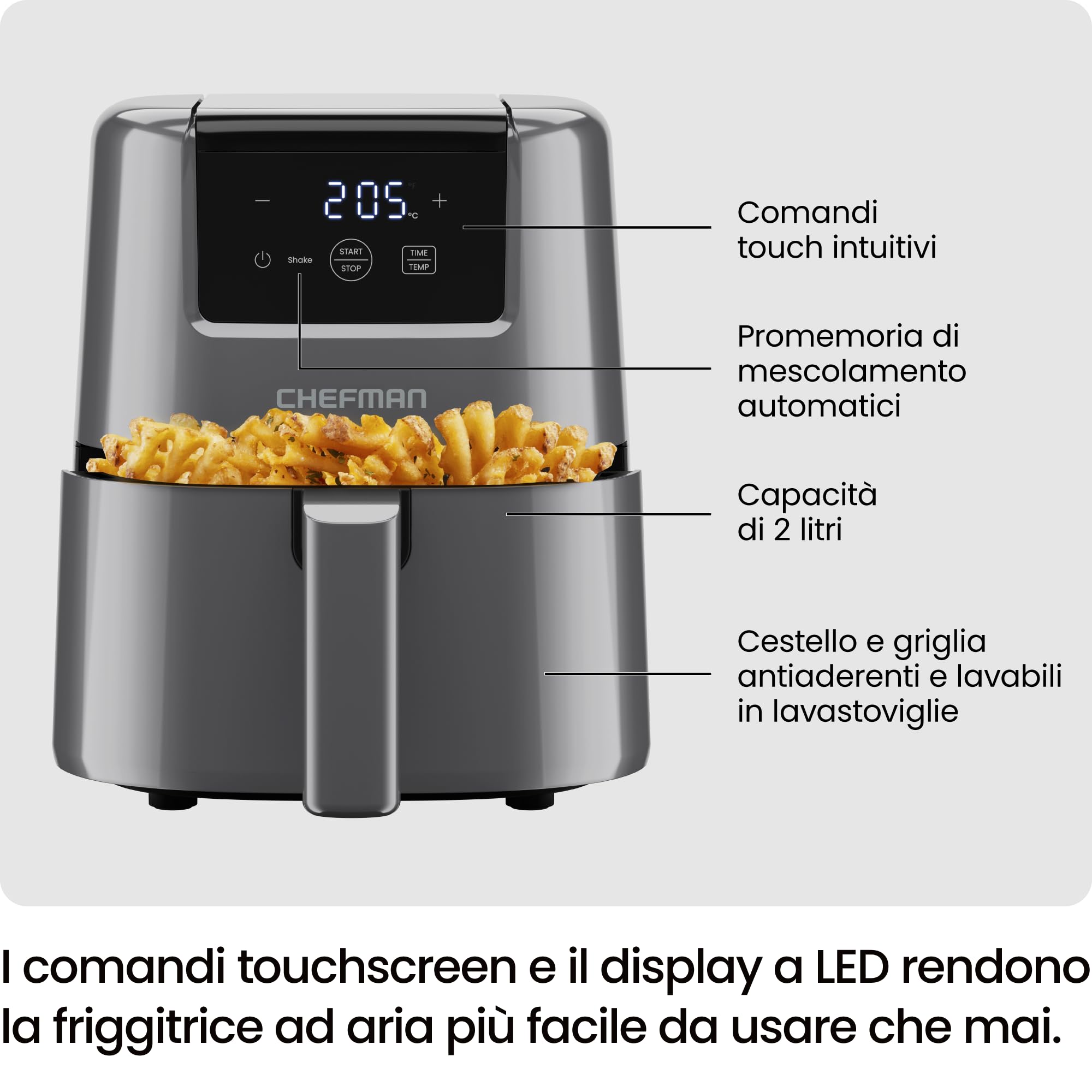 Chefman Mini Friggitrice ad Aria 2L Digitale, Cestino Antiaderente | Compatta, lavabile in lavastoviglie, frittura ad aria, Grigio