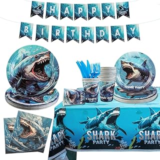 Shark Birthday Party Supplies, Shark Theme Party Decorations For Boys-142pcs Serve 20 Guests-Include Shark Party Plates Cups Napkins Banner Cutlery Table Coverâ€¦