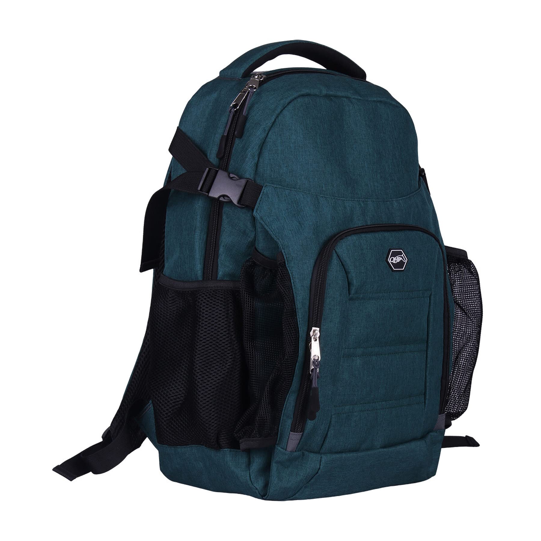 QHP Reitrucksack | 20 Liter Inhalt | Praktischer Rucksack | Bequemes Tragen | Vielseitig einsetzbar | Große Reißverschlusstasche | inkl. Netztaschen | Dunkelgrün