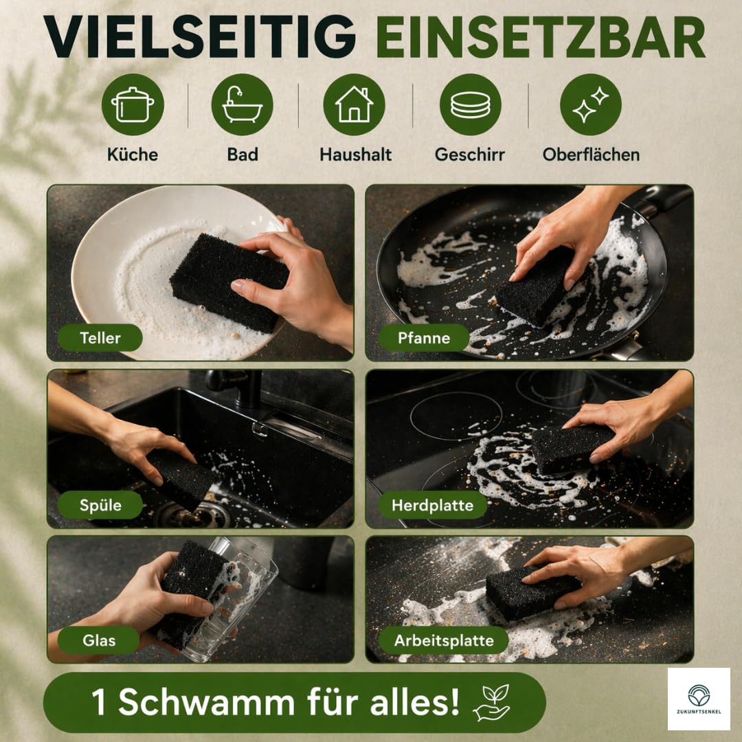 Schwarze Spülschwämme Nachhaltig 12er Pack Schwämme– Biologisch Abbaubare Küchenschwämme aus Algenfaser – Plastikfrei, Kratzfrei & Umweltfreundlich – Naturschwamm für Moderne Küchen (12, Schwarz)