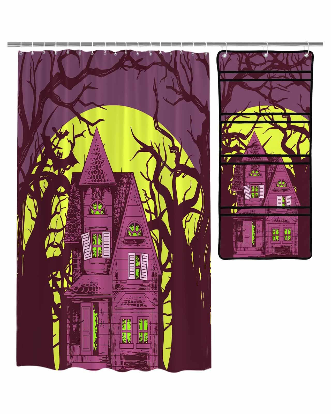 ZFUNCING Shower Curtain Mesh Shower Organizer Set Halloween Castle Horror Tree Waterproof Bath Curtains Hanging Shower Caddy Bathroom
