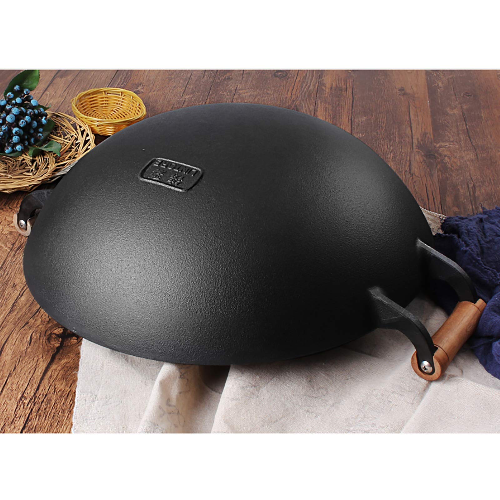 Duży 40 cm żeliwny wok z drewnianym uchwytem, wielofunkcyjna patelnia do gotowania do mieszania i smażenia na głębokim tłuszczu, czarna