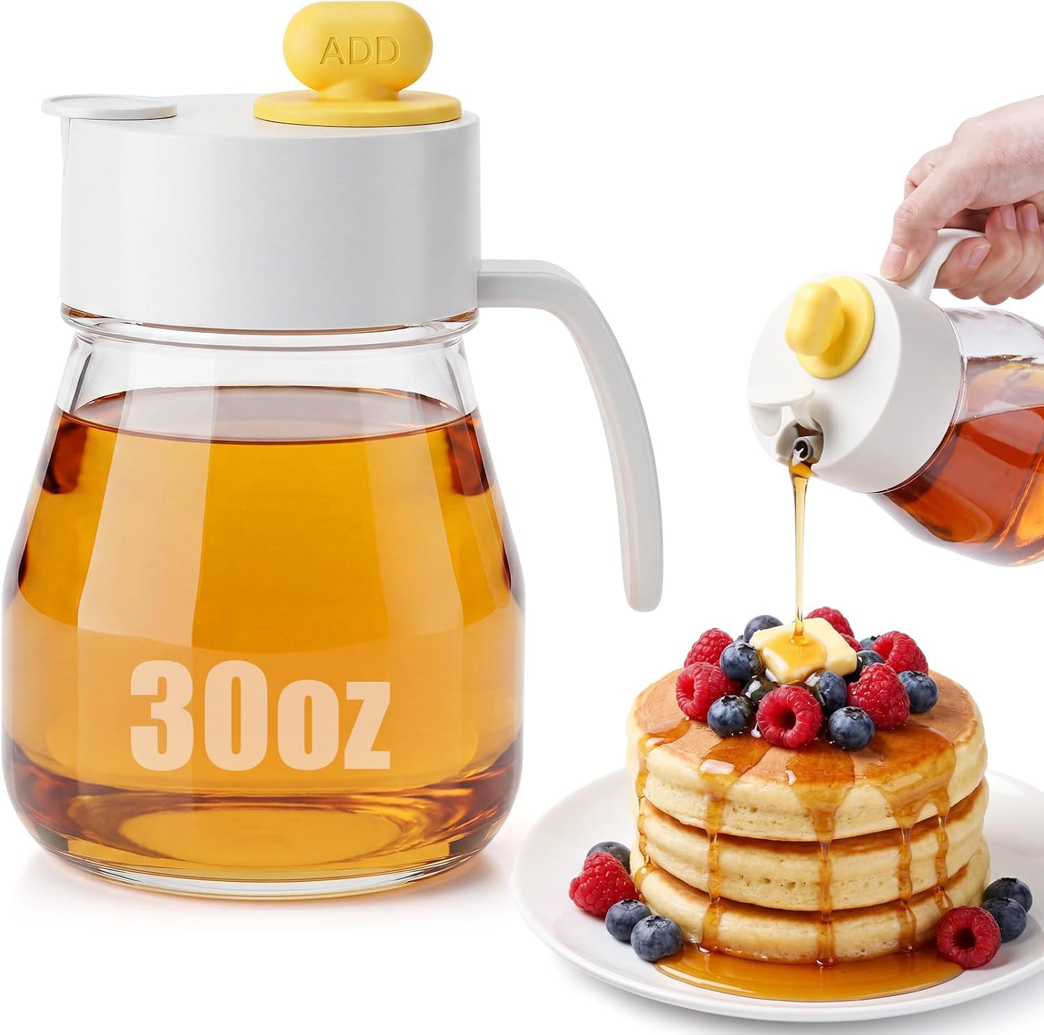 LemonRoad 32 oz Large Glass Syrup Dispenser, Anti-drip Maple Syrup Dispenser with Sealing Ring & Non-slip Handle, Waffle Pancake Honey Container Automatic Pour Spout for Maple Syrups, Oil, Honey