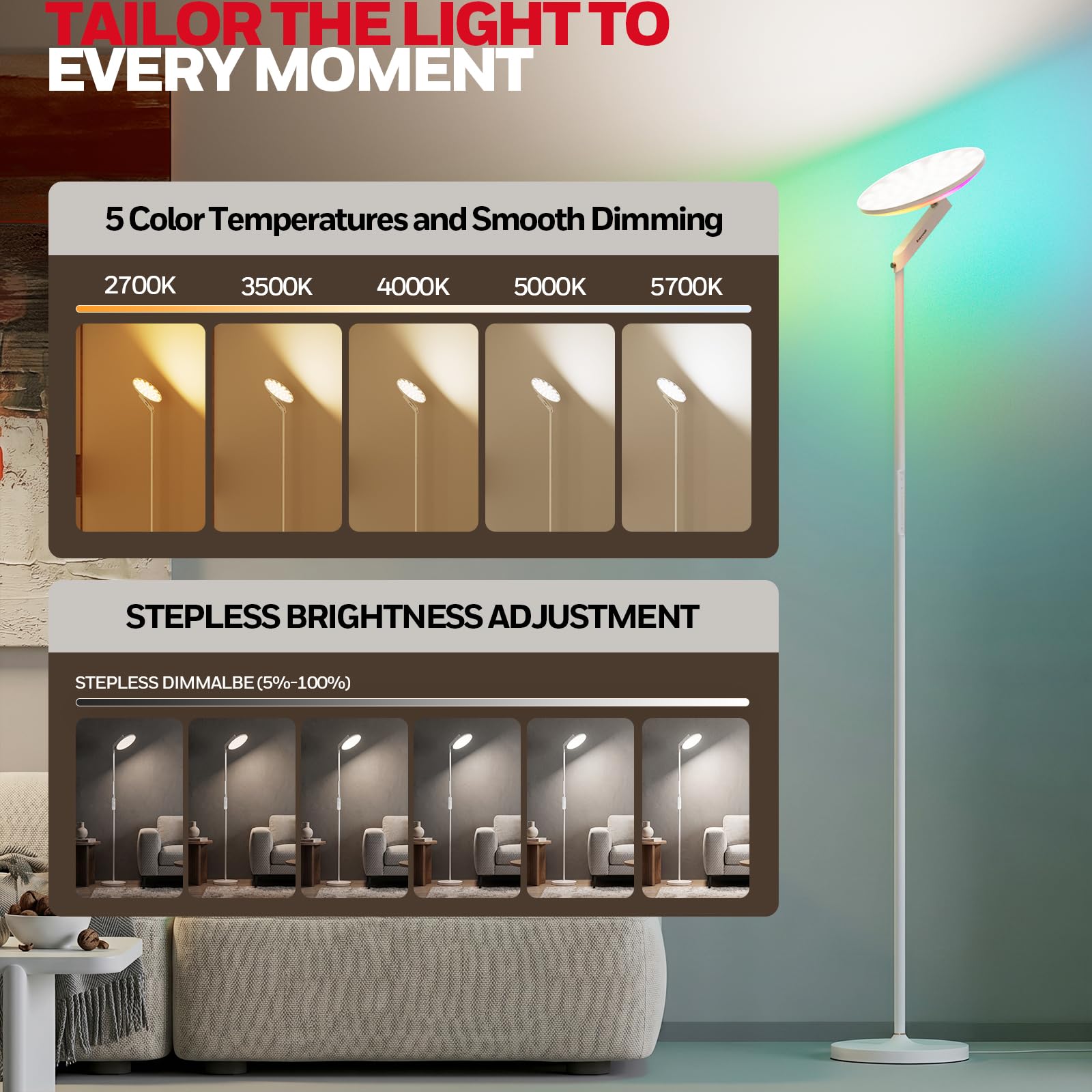 Honeywell Lampada da terra a LED - F2 Sunturalux™ Torchiere con telecomando, 40W/3000LM Max, 2700K-5700K, 7 livelli dimmerabile, 6 modalità RGB per soggiorno, camera