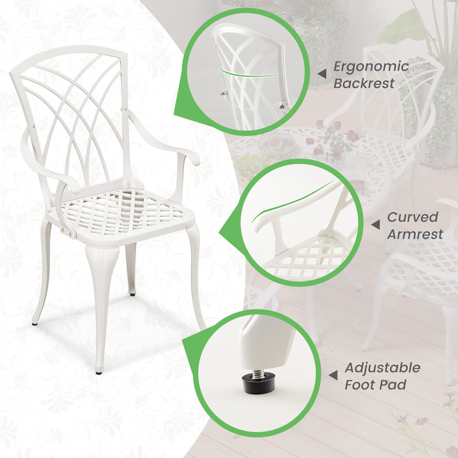 GIANTEX Soggiorno da giardino esterno, tavolo da giardino con sedia in ghisa di alluminio, tavolo da bistrot 5 pezzi per 4 persone, foro dell'ombrellone Dia.5 cm, tavolo rotondo per terrazza, balcone