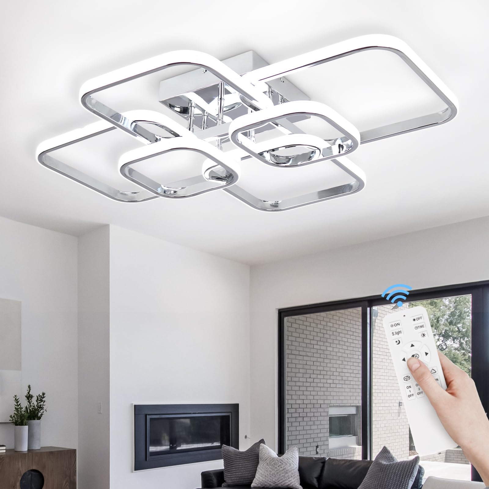Photo 1 of Sovinzert 31.5" Modern LED Ceiling Light 6-Square Dimmable Ceiling Light Fixtures with Remote 3000K-6000K Chrome Close to Ceilings Lamp 60W Flush Mount Ceiling Lamp for Living Room, Bedroom