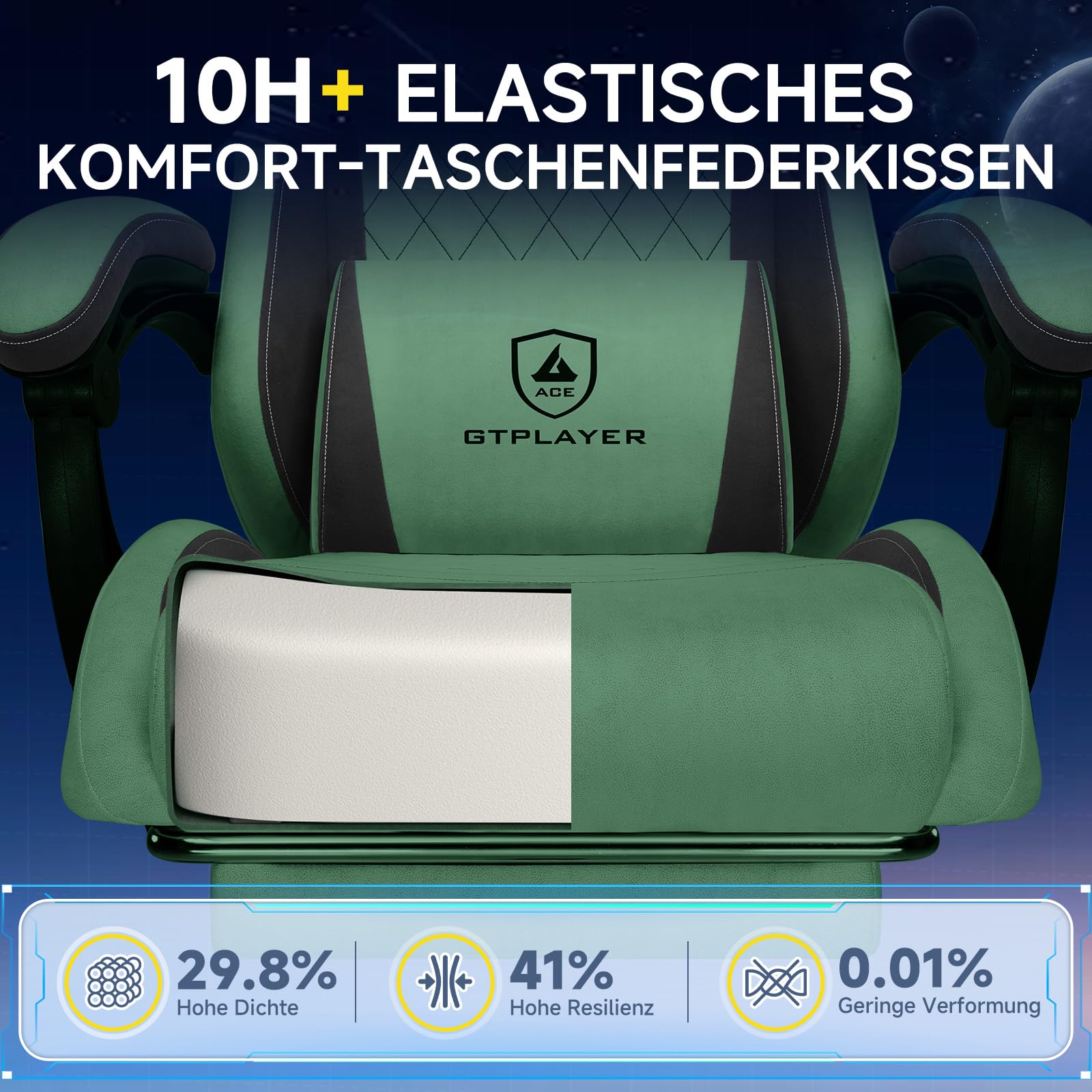 GTPLAYER Gaming Stuhl, Ergonomischer Gamer Stuhl aus Stoff mit Lendenwirbelstütze, PC-Stuhl mit verbreiterter Rückenlehne, Belastbar bis 150 kg, Grün