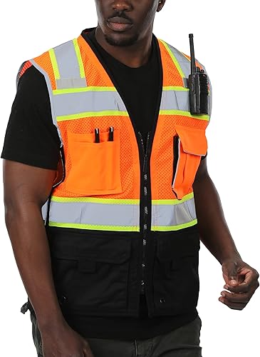 Chaleco de seguridad de alta visibilidad, chaleco Hi Vis con cremallera y bolsillos negros resistentes, chaleco de construcción de seguridad para