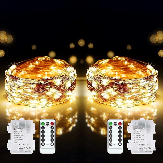 DeepDream 2 Pack LED Fairy Lights Battery Operated, 120LED 12M 8 Modes Copper Wire String Lights with Remote Timer for Bedroom,Christmas,Wedding Decoration(Warm White)