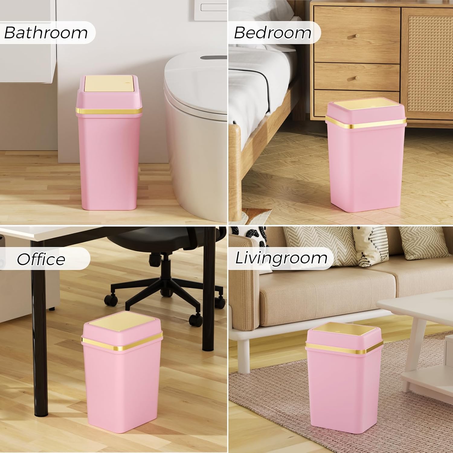 Bathroom Trash Can with Lid 4 Gallon Pink Trash Can with Press Top Lid Bedroom Trash Can Small Garbage Can with 150 Counts Trash Bags for Small Bathroom Bedroom Office