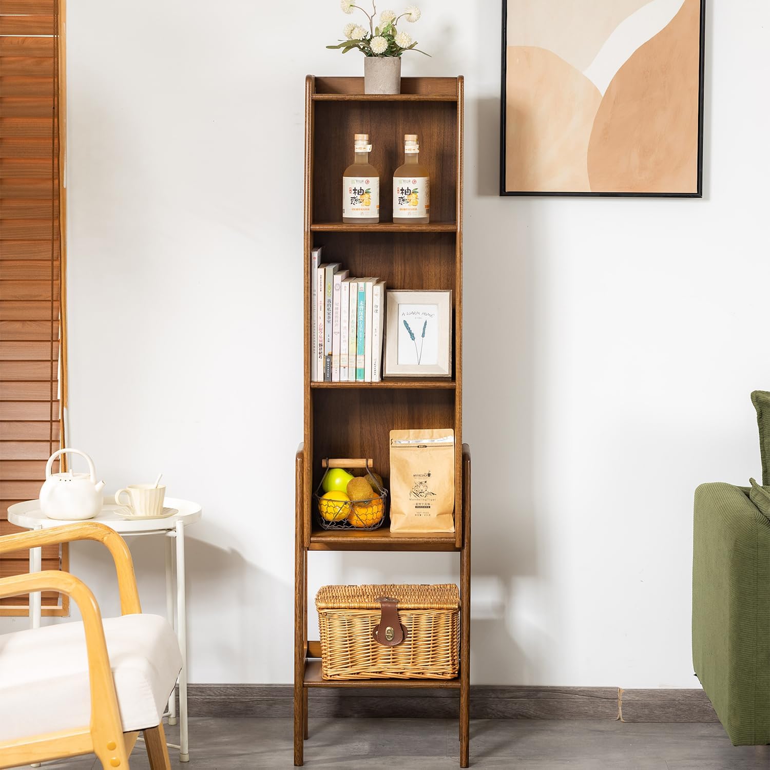 latifolia Bookshelf, 4-Tier Bamboo Bookcase with Bottom Storage Shelving, Narrow Corner Storage Organizer for Modern Living Spaces-Walnut