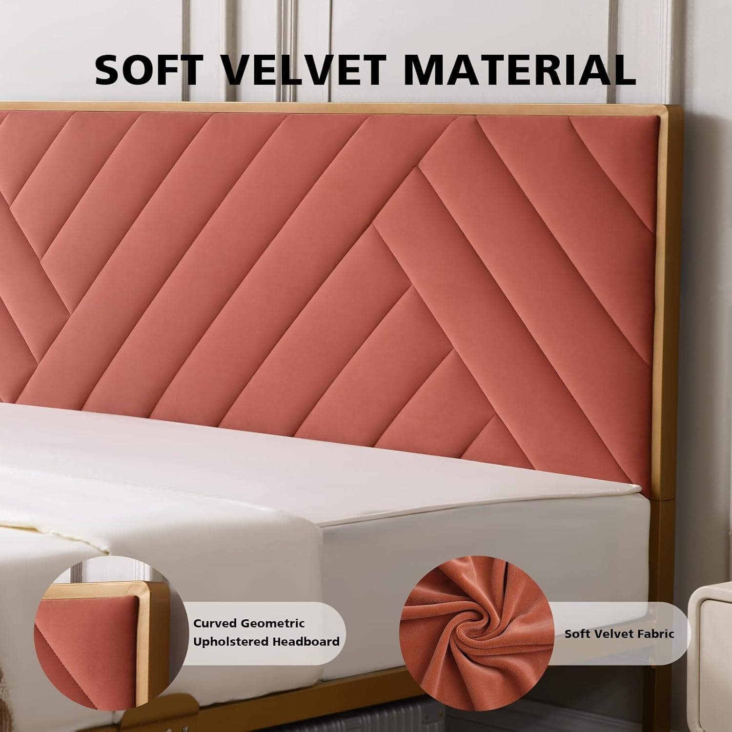 VELOCAVA King Size Velvet Upholstered Bed Frame, Terracotta Red Metal Frame with Padded Headboard, Soft Platform Bed, No Box Spring Needed, Sturdy and Long-Lasting Design, Easy Assembly