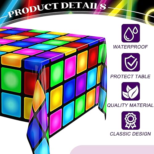 Miniatura 3 de Oudain 3 manteles de discoteca de 54 x 108 pulgadas, manteles de neón para decoraciones de fiesta de los años 70, camino de mesa, mantel rectangular