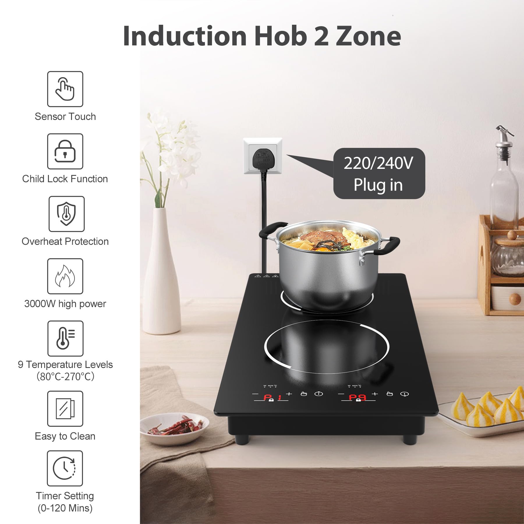 VBGK Double Induction Hob, 3000W Portable Induction Hob, Built-in Induction Cooker with LED Touch Display, 9 Power Level, 120 Mins Timer & Safety Lock, 220~240V, Black — view 5