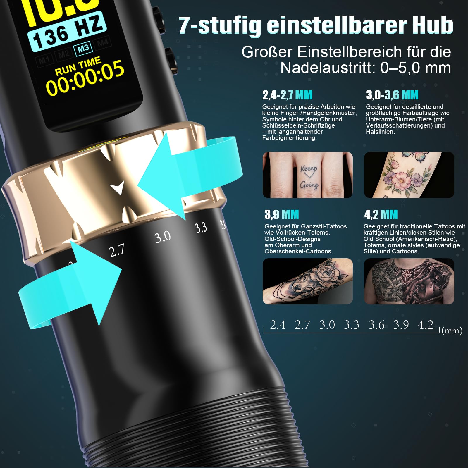 RHEIN Wireless Maschine Set mit 1800mAh Akku Power Einstellbarer Hub Tragetasche 20PCS Cartridges 7 Farbe Kabellos Stift Machine Komplettes Zubehör Set RN-TKE602AEU-1