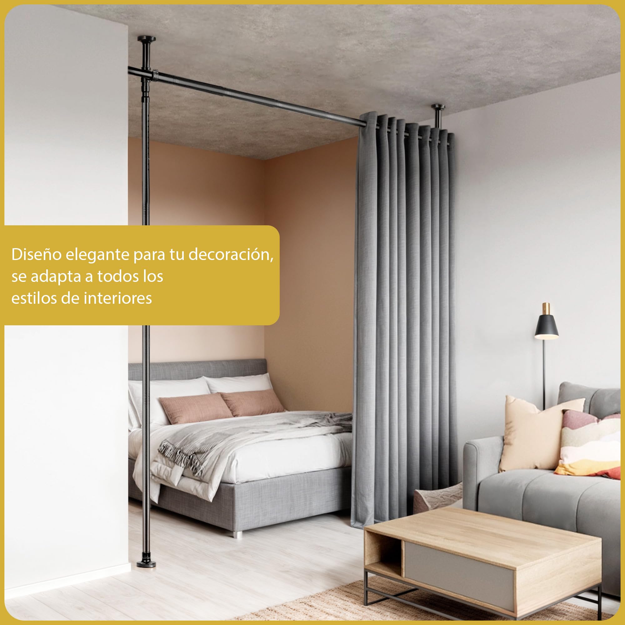 Separador de Ambientes sin Taladrar – Barra Divisoria Autoportante 120–300 cm x 70–240 cm – Soporte de Cortina Reutilizable Fácil de Instalar