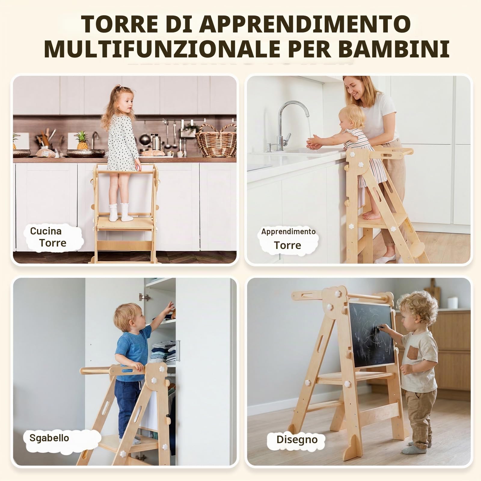 labebe Torre di apprendimento pieghevole 3 in 1 regolabile in altezza e larghezza per bambini da 1 anno