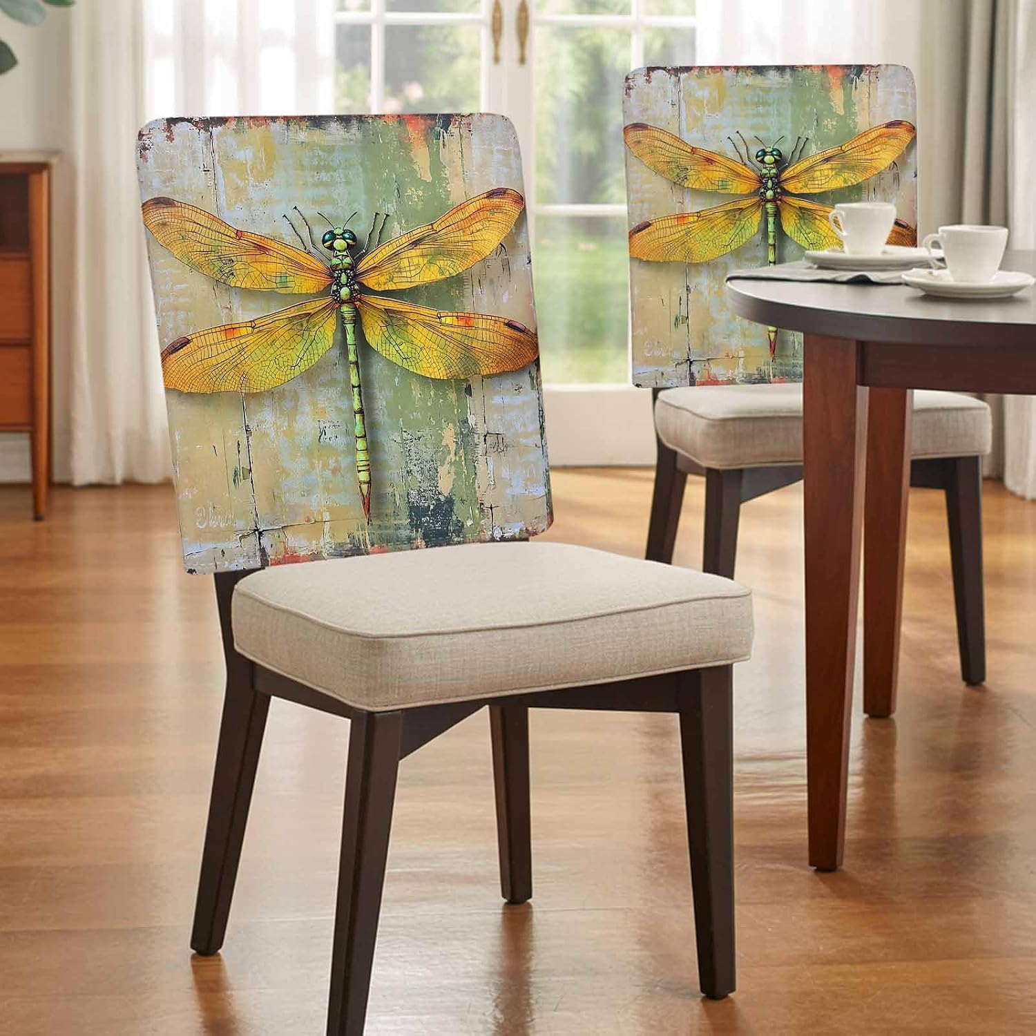 Modern Oil Painting Chair Back Covers Retro Yellow Dragonfly Wing Set of 6 Dining Room Stretch Slipcovers, Removable Seat Protector for Kitchen Home Hotel Decor