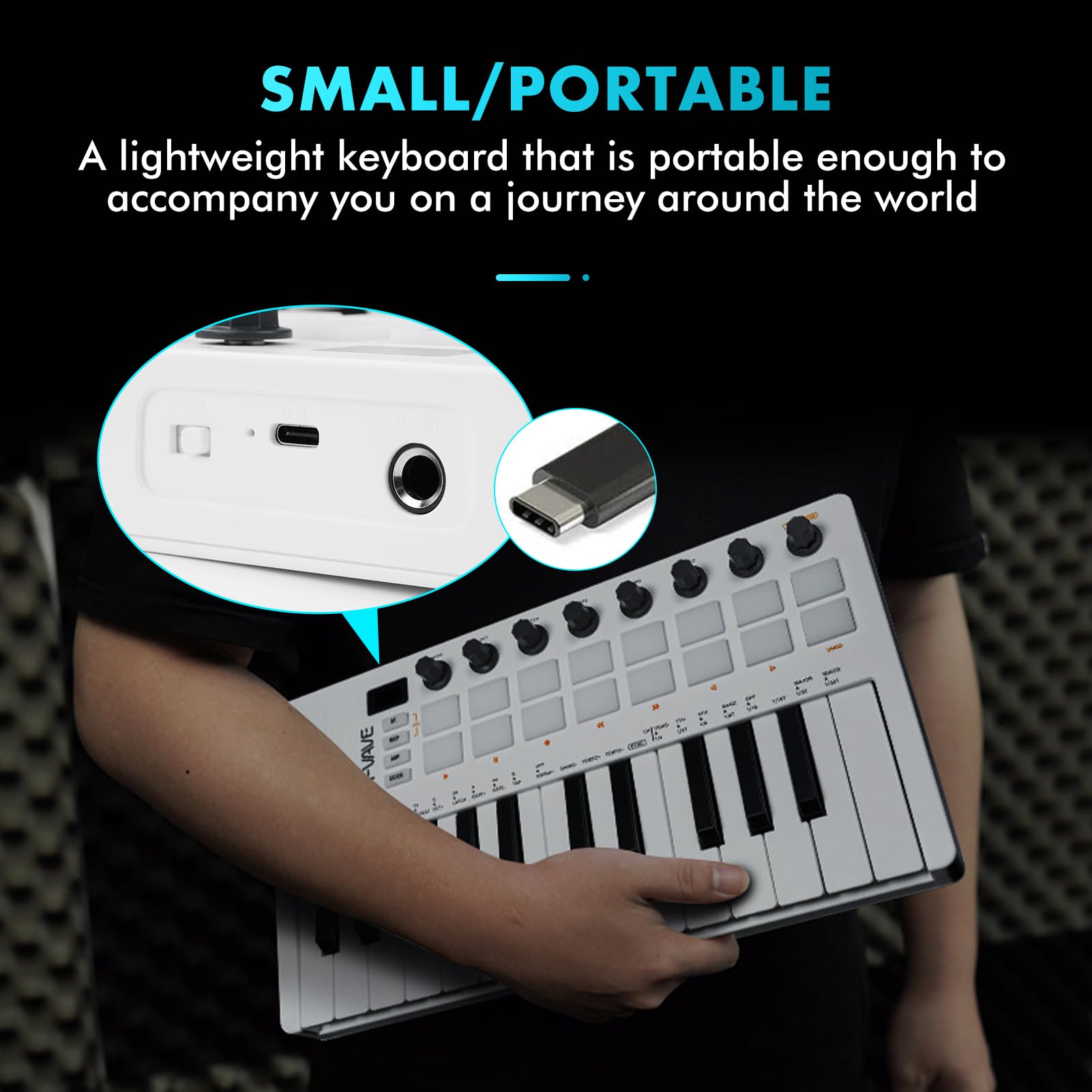 Nikou M-VAVE - Controller per tastiera MIDI, USB mini 25 tasti, ricaricabile, tastiera portatile elettrica con cuscinetti per batteria RGB, batteria integrata (bianco)