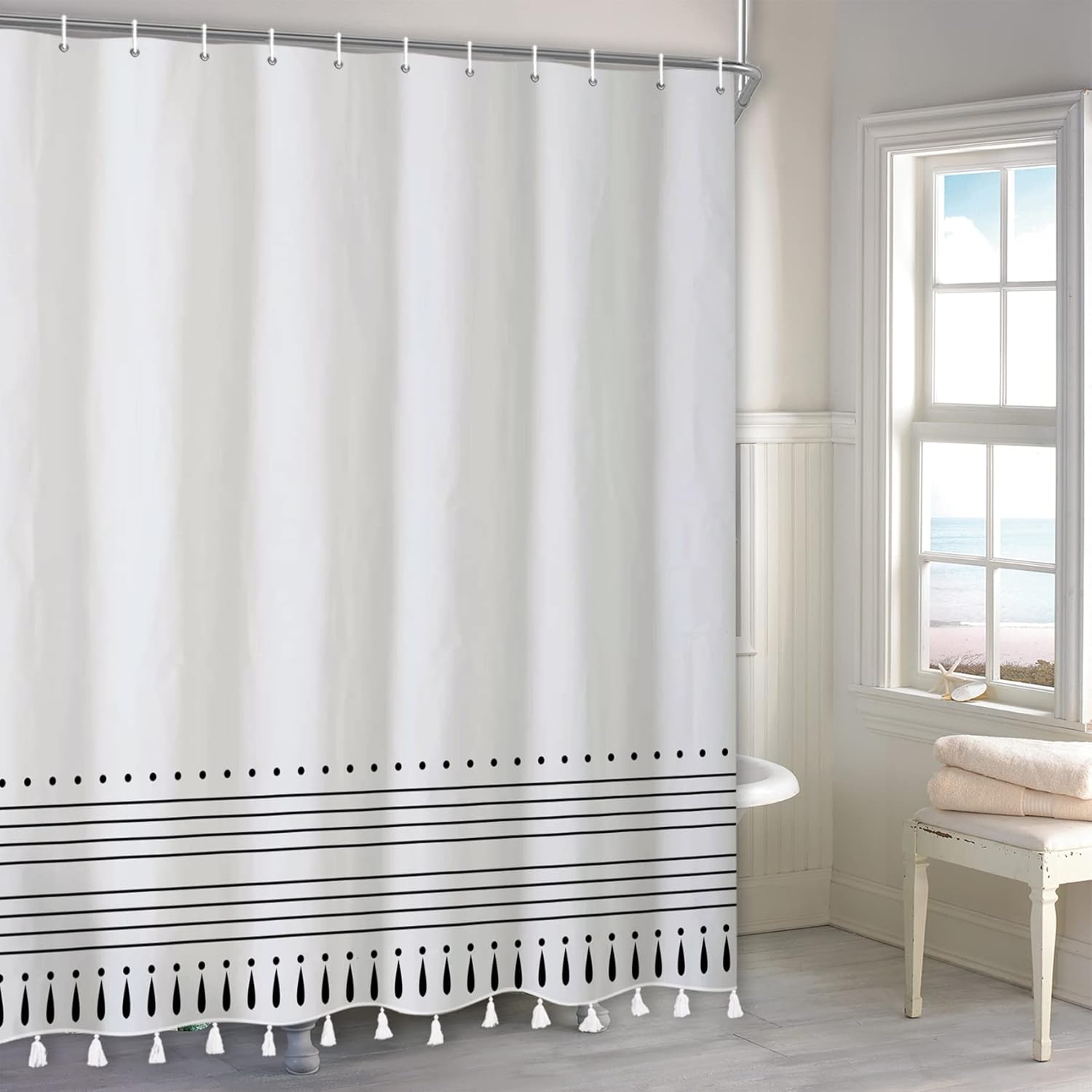 Ttincceer Black & White Shower Curtain with Tassels, Boho Minimalist Bathroom