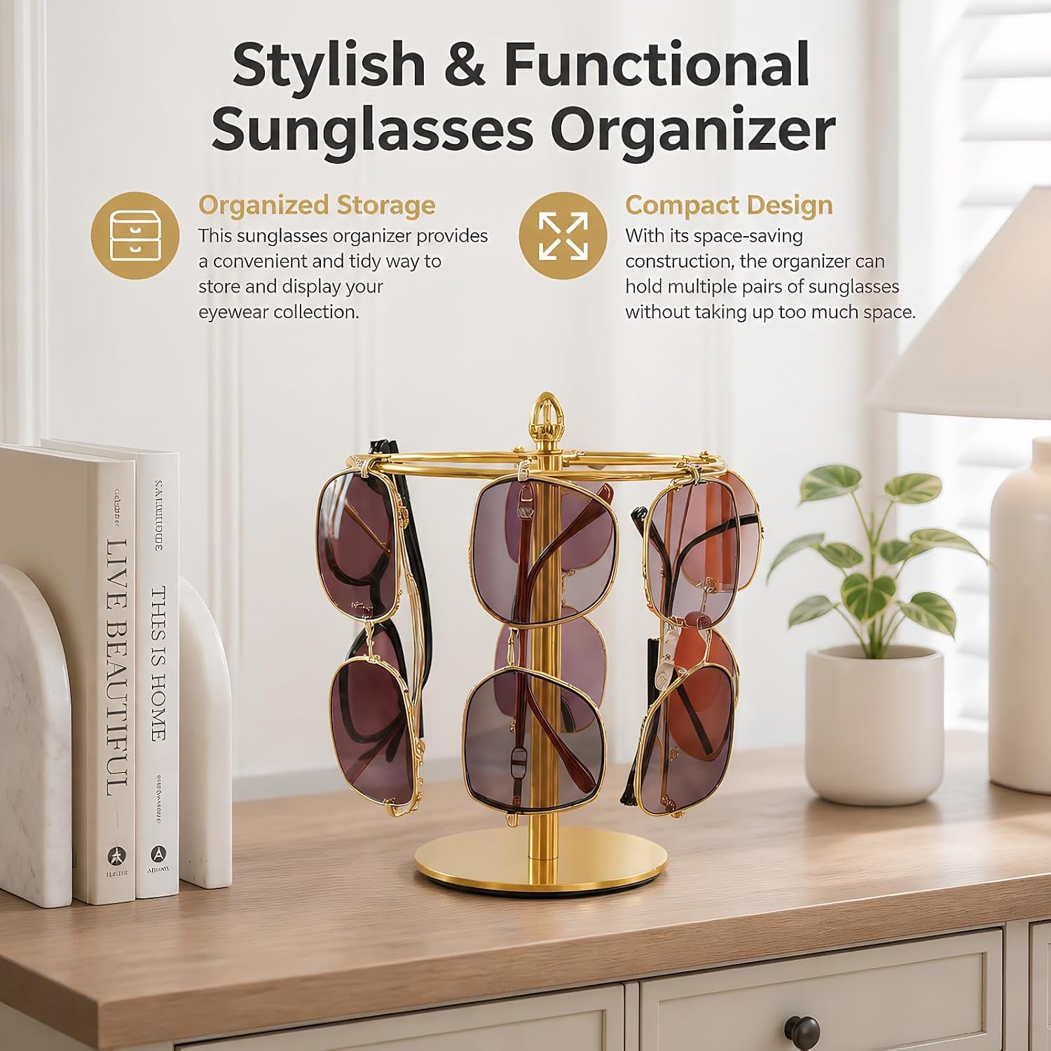 Sunglasses Organizer Display Stand, Eyeglass Holder Rack for 12 Pairs of Glasses, Stainless Steel (Gold)