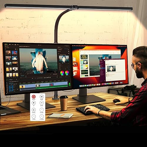 Lámpara de escritorio LED de doble cabezal con temporizador de control remoto de 24 W, luz de escritorio de computadora más brillante, lámpara de