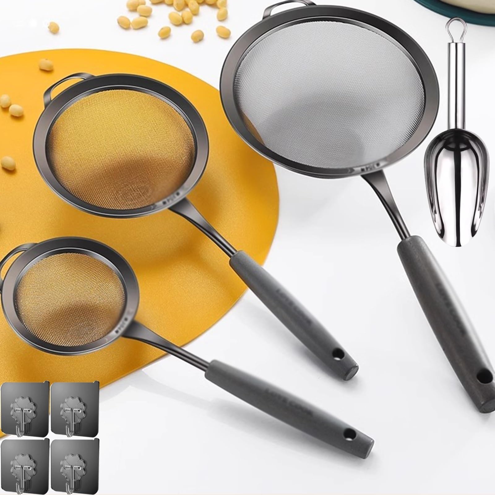 Tamiz de harina de acero inoxidable, 3 piezas de acero inoxidable para cocina, colador de malla fina para colar o drenar