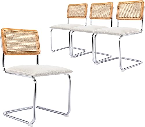 Miniatura 16 de Juego de 2 sillas de comedor de ratán modernas de mediados de siglo, sillas de cocina Boucle con respaldo de ratán de malla tejida a mano y patas